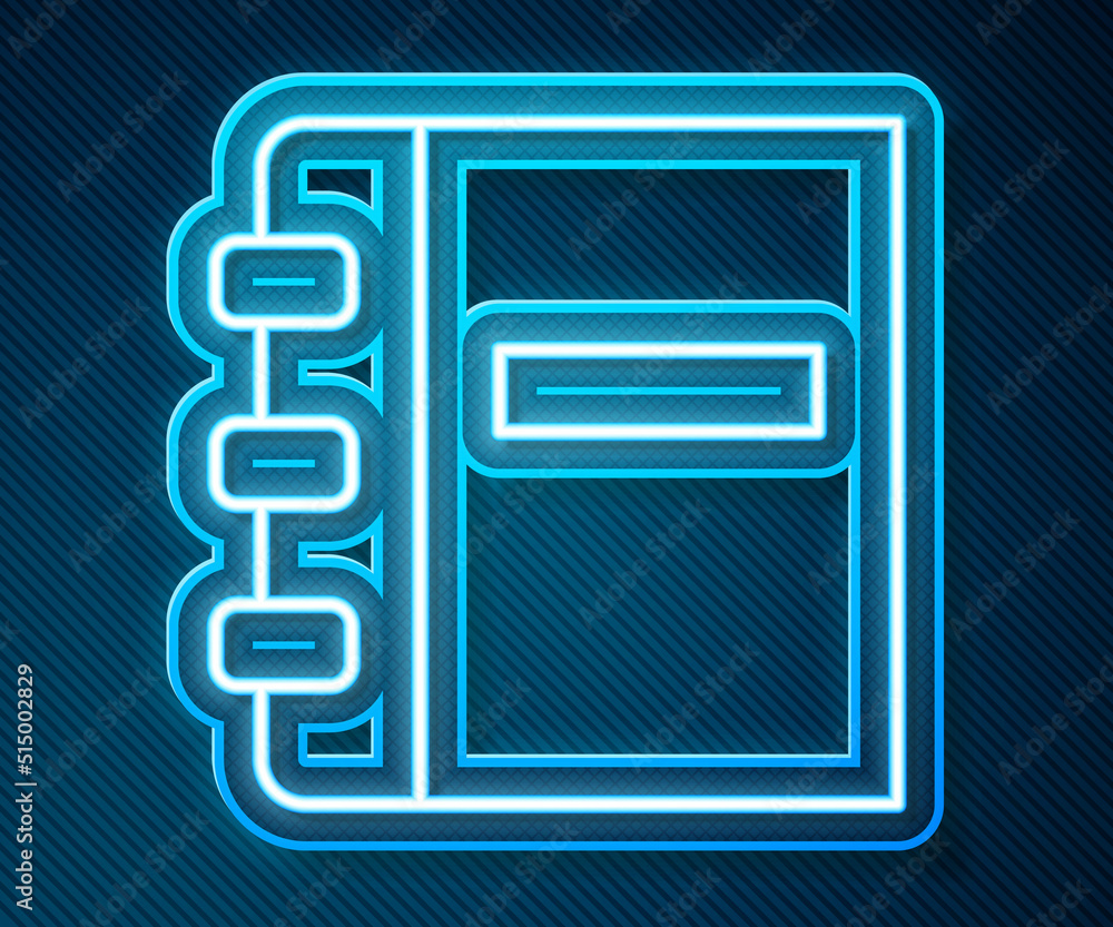 Poster glowing neon line notebook icon isolated on blue background. spiral notepad icon. school notebook. w