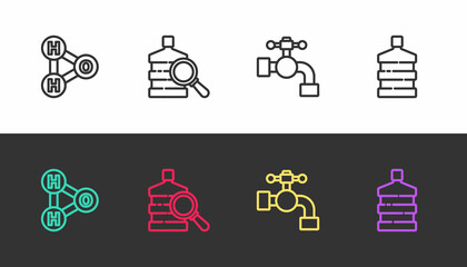 Set line Chemical formula for H2O, Big bottle with clean water, Water tap and on black and white. Vector