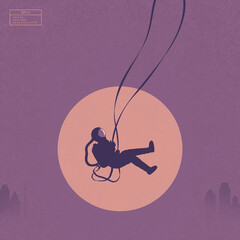 Astronaut on swing. Cosmonaut silhouette. City in fog and evening sun