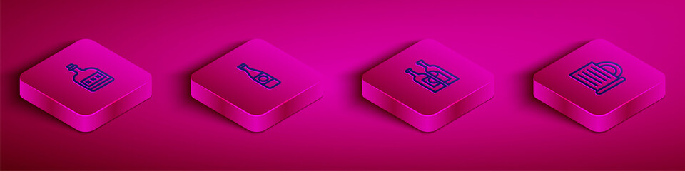 Set Isometric line Alcohol drink Rum bottle, Beer, Bottles of wine and Wooden beer mug icon. Vector