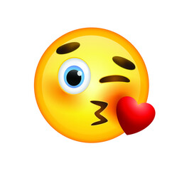 High quality emoticon on white background vector illustration. Emoji with flying kiss red heart  and winking eye face. A yellow face emoji kiss. Popular chat elements. Trending emoticon.