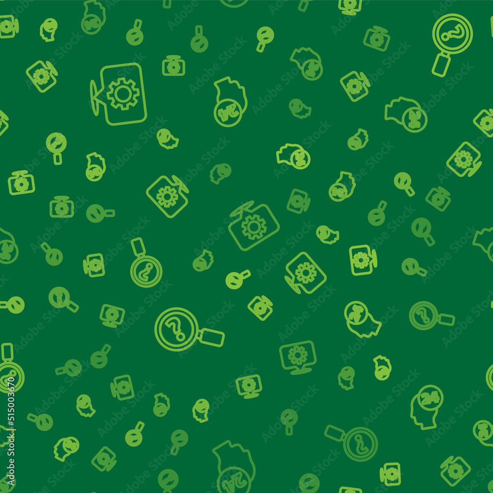 Poster set line location with gear, unknown search and support operator in touch on seamless pattern. vecto