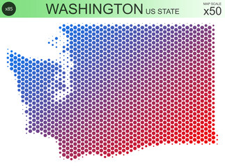 Fototapeta na wymiar Dotted map of the state of Washington in the USA, from circles, on a scale of 50x50 elements. With smooth edges and a smooth gradient from one color to another on a white background.
