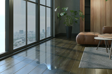 Water leaking on wood floor of living room. 3D illustration and rendering.