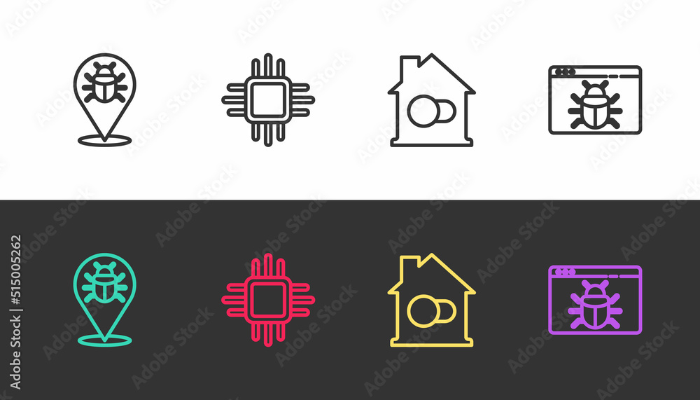 Aufkleber Set line System bug, Processor with microcircuits CPU, Smart home and on black and white. Vector