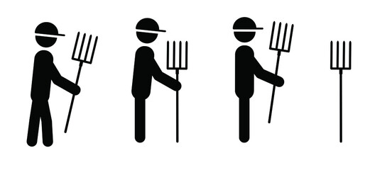 Cartoon farmers with metal hayfork. Hayforks symbol or icon. Stickman, stick figure man For tillage and agriculture. Farmer working with pitchfork. Farm garden tool. Fork for gardening and farming.