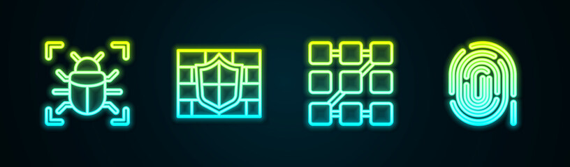 Set line System bug, Shield with brick wall, Graphic password protection and Fingerprint. Glowing neon icon. Vector