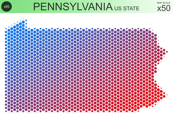 Dotted map of the state of Pennsylvania in the USA, from circles, on a scale of 50x50 elements. With smooth edges and a smooth gradient from one color to another on a white background.