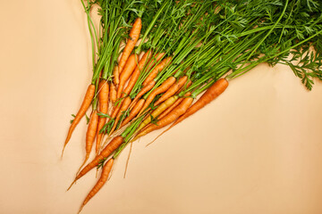 Flat lay bunch freshly picked carrots and carrot stalks, fresh organic veggetables,  sale at a...