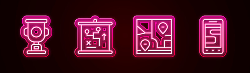 Set line Award cup, Planning strategy concept, Folded map with location and Chat messages phone. Glowing neon icon. Vector