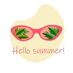 Hello summer greeting card. Fashion sunglasses with tropical leaves concept. Flat vector illustartion