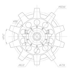 Technical drawing of gears .Rotating mechanism of round parts .Machine technology. Vector illustration.	