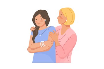 Breakup friends. Empathy person comforting best friend, support mom hug sad comforted child, friendly or parent comfort, cartoon vector illustration