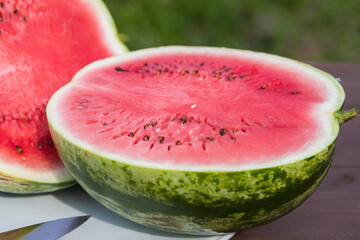 A beautiful red watermelon was cut into two parts. - 515006649