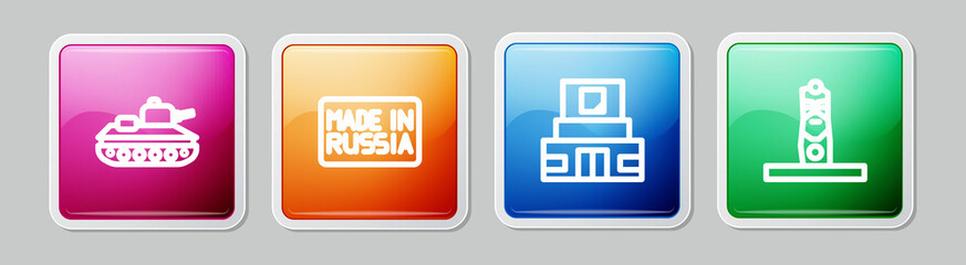 Set line Military tank, Made in Russia, Mausoleum of Lenin and Slavic pagan idol. Colorful square button. Vector
