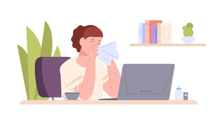 Employee sick flu. Coughing worker at laptop office workplace, tired coughing woman symptoms allergy or fever, unwell cold lady job