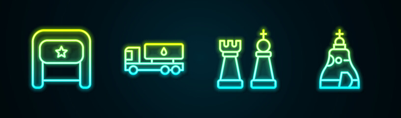 Set line Ushanka, Tanker truck, Chess and The Tsar bell. Glowing neon icon. Vector