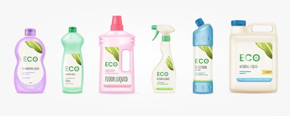 Labels for detergent bottle. Mockup cleaner bottles with label, disinfectants polypropylene package labeling branding washing cleaning chemical eco friendly products 3d tidy vector
