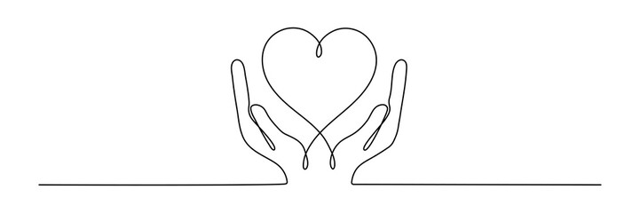 Continuous one line drawing hand holding heart. Charity donation linear concept. Vector isolated on white.