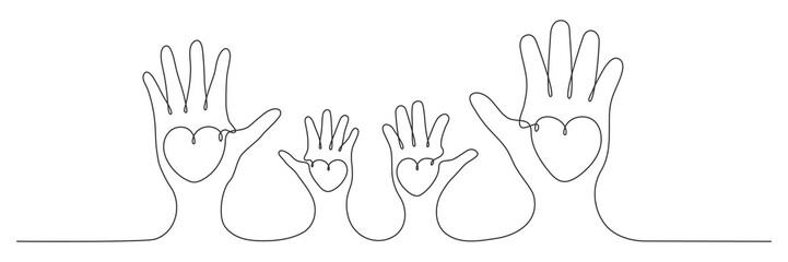 Continuous one line drawing family hands hold hearts. Mother, father and child. Parents and children love concept. Vector isolated on white.