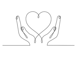Hand holding heart continuous one line drawing. Vector isolated on white.