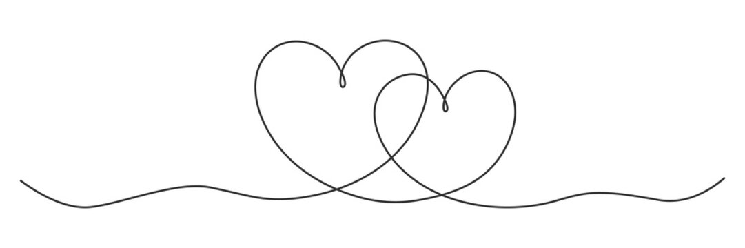 Hearts continuous one line drawing. Double heart curve line. Vector illustration isolated on white.