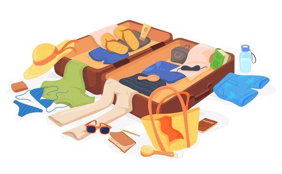 Scattered Baggage. Preparing Travel Suitcase, Vacation Luggage Organization Trouble, Mess Beach Clothes Holiday Stuff Leaving Summer Trip Open Journey Bag, Neat Vector Illustration