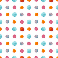 Seamless pattern bright colorful dots painted in watercolor on a white background. For fabric, sketchbook, wallpaper, wrapping paper.