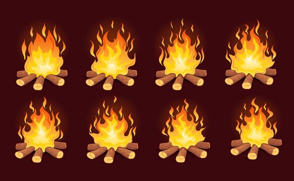 Bonfire animation. Loop animated fire, game campfire cartoon frame energy 2d burn forest woods flames storyboard sprite sequence bondfire combustion effect neat vector illustration