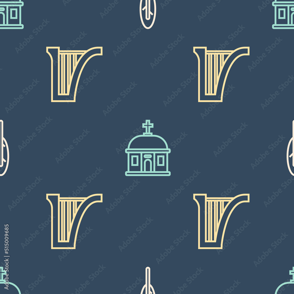 Aufkleber set line feather pen, harp and santorini building on seamless pattern. vector