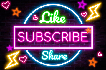 Like, Share, Subscribe Neon banner, light signboard, 3D illustration.
