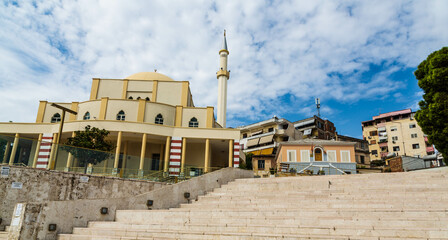 Fototapeta na wymiar Durres, Albania - September 2021: Great Mosque of Durres (or Grand Mosque of Durres, Fatih Mosque) in Durres town