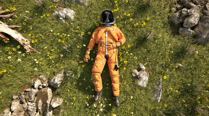 An astronaut laying down in the middle of field on green grass, 3d rendering  © Василь Чейпеш