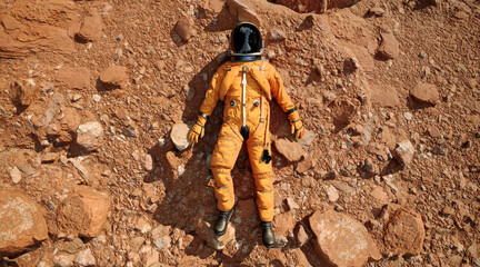 An astronaut laying down on the ground of red planet and relaxing, 3d rendering  © Василь Чейпеш