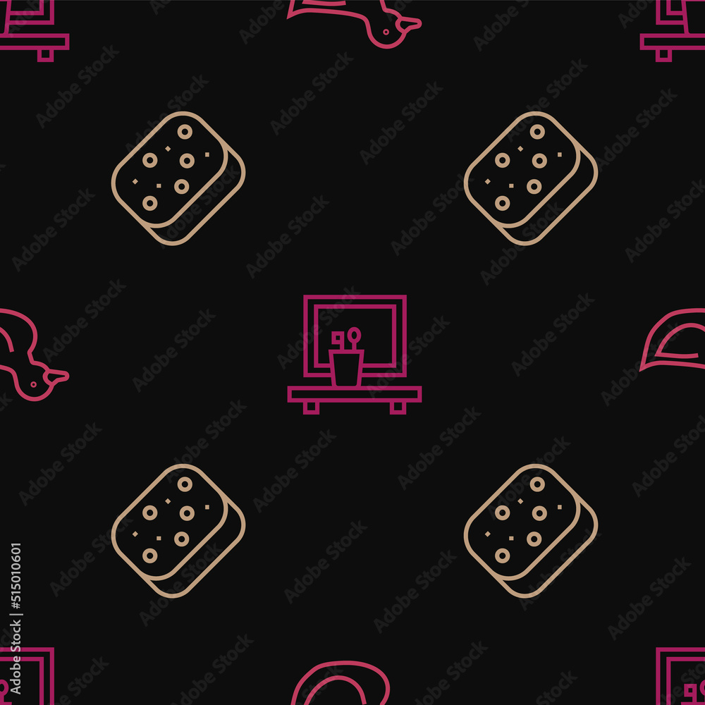 Poster set line rubber duck, sponge and washbasin mirror on seamless pattern. vector