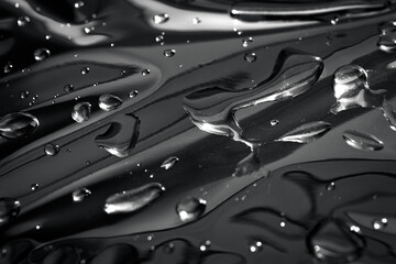 Black and white macro photo of water drops scattered on reflective metal surface. Rain droplets with light reflection on reflective surface.