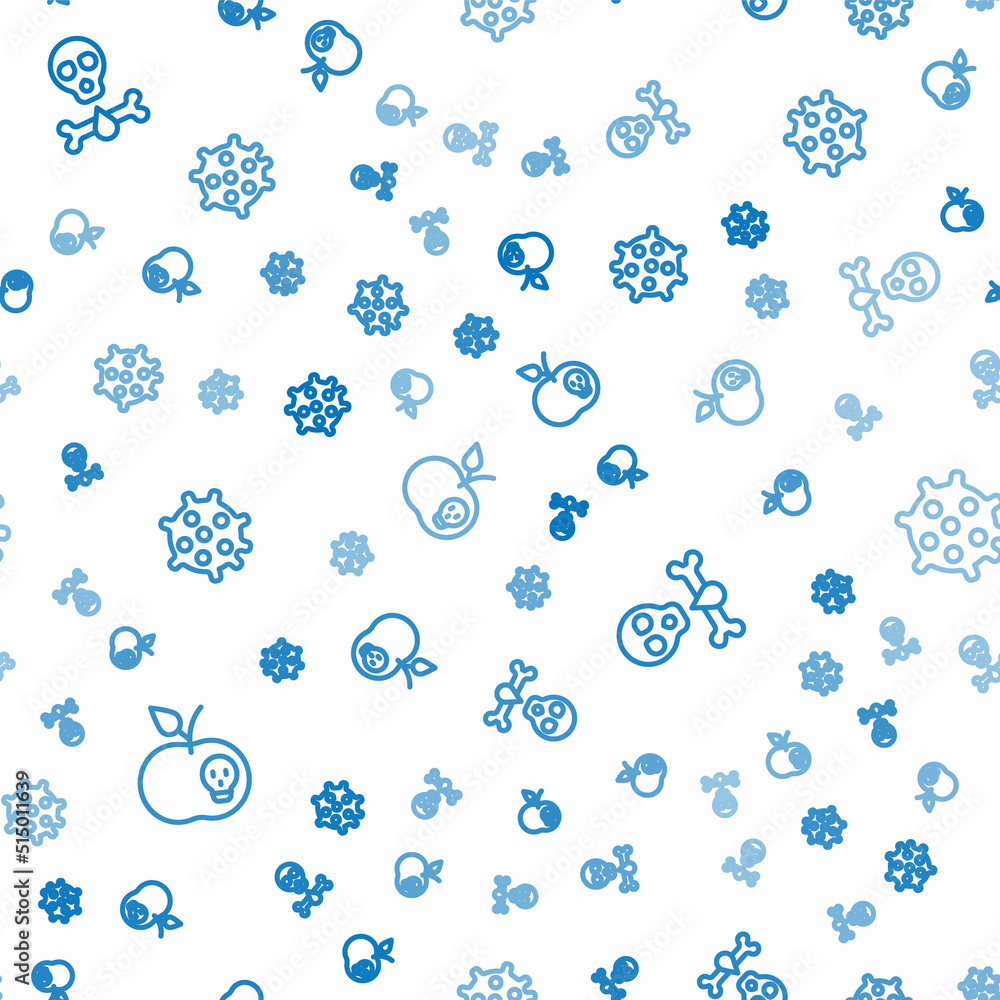 Poster set line poison apple, bones and skull and bacteria on seamless pattern. vector