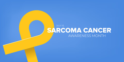 Sarcoma cancer awareness month concept horizontal banner design template with yellow ribbon and text isolated on blue background. July is Sarcoma cancer awareness month vector flyer or poster