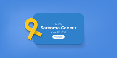 Sarcoma cancer awareness month concept horizontal banner design template with yellow ribbon and text isolated on blue background. July is Sarcoma cancer awareness month vector flyer or poster