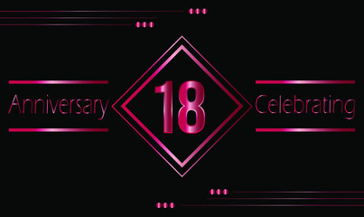 18 years anniversary celebration with ruby frame isolated on black background. Vector for greeting card, birthday party, wedding and event party.