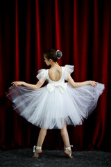 A cute ballerina girl in a white dress on a red background. Art. Dance. Beauty.