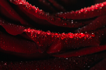 Blooming red rose bud in water drops close-up