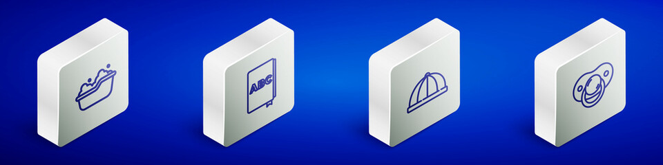 Set Isometric line Baby bathtub, ABC book, hat and dummy pacifier icon. Vector