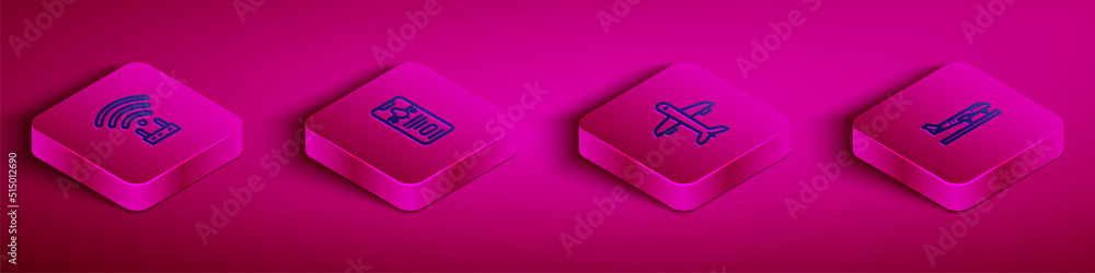 Poster set isometric line router and wi-fi signal, mobile with ticket, plane and icon. vector