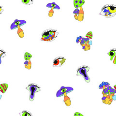 Obraz premium Seamless pattern with psychedelic mushrooms and eyes. Vector illustration