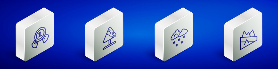 Set Isometric line Medal, Road sign avalanches, Cloud with snow and Mountain descent icon. Vector