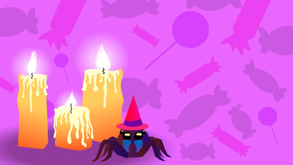 Halloween banner with place for text. A spider in a witch's hat near the candles. Halloween card, halloween party invitation. Vector graphics.