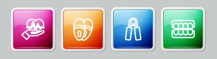 Set line Heart rate, Slippers, Sport expander and False jaw. Colorful square button. Vector