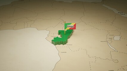 3D rendering map and flag of Democratic Republic of the Congo