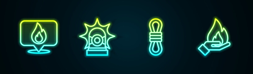 Set line Location with fire flame, Flasher siren, Climber rope and Hand holding. Glowing neon icon. Vector